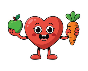 Cartoon heart holding apple and carrot isolated on white background