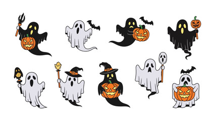 Halloween Ghost Collection: A curated collection of charming cartoon ghosts, perfect for Halloween. Each unique spirit is whimsically illustrated.