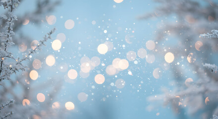 Winter wonderland background with sparkling bokeh lights and falling snow, framed by frosted branches.