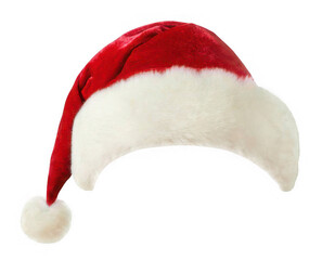 Red santa hat with white fur trim isolated on transparent background