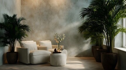 Cozy modern interior lounge with comfortable seating potted plants and textured walls creating a serene atmosphere