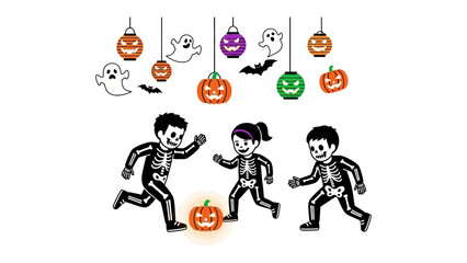Halloween Celebration: Spooky decorations set the stage as children dressed in skeleton costumes frolic, embodying the playful spirit of Halloween. Pumpkins, ghosts.