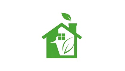 A green house icon with a stylized leaf on the chimney and a leaf incorporated into the house's design, set against a white background