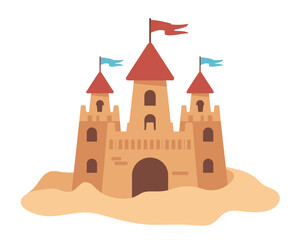 Fototapeta premium Cartoon sandcastle with flags on a beach