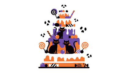 Halloween Delight: A whimsical illustration showcases a multi-tiered cake adorned with Halloween-themed sweets and quirky black cats, embodying the spirit of spooky celebration.