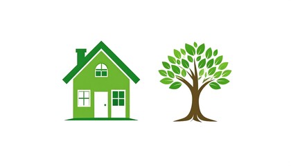 A green house silhouette and a leafy tree stand isolated on a white backdrop. Both elements appear in a clean, simple illustrative style