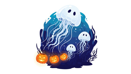Spooky Halloween under Sea: A captivating illustration depicts whimsical jellyfish and Halloween pumpkins floating in a mysterious underwater scene, perfect for evoking festive spirit.