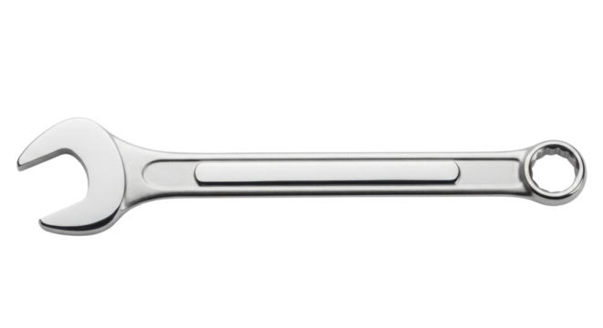 Silver open-end wrench angled horizontally isolated PNG with Transparent Background
