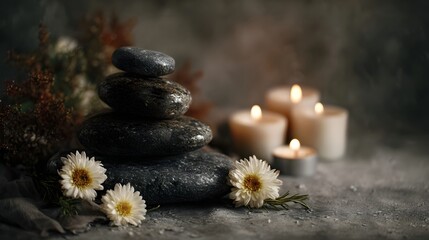 Stacked zen stones with lit candles and white flowers create a peaceful and serene atmosphere