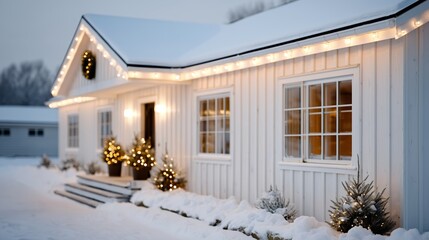 A white house covered in snow with Christmas lights on the roof
