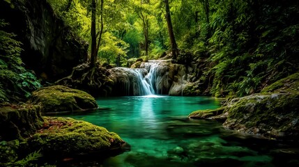 Naklejka premium Serene Waterfall Cascading into a Vibrant Emerald Pool Surrounded by Lush Tropical Forest Scenery and Moss Covered Rocks