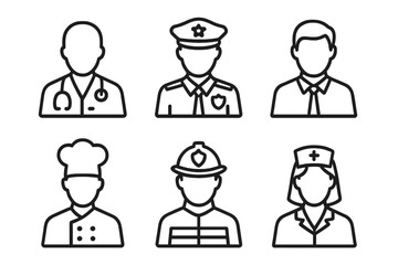 Professions icon collection. Job and occupation outline symbols. Doctor, police, business, chef, firefighter, nurse avatars. People career pictograms for web. Vector character set.