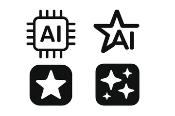 Artificial intelligence icons set. Generative AI logo symbol. Star icon for content generation. Technology, machine learning, processor, and neural network vector pack.