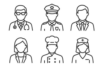 Profession avatar line icon set. Doctor, police officer, businessman, businesswoman, chef, nurse user profiles. People occupation & career vector symbols. Staff & employee web pictogram collection.