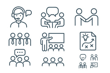 Business communication line icons. Set of vector symbols for corporate concepts like support, meeting, partnership, business people, audience, briefing, and strategy plan.