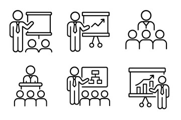 Business presentation line icon set. Collection for meeting, conference, training. Vector symbols of speaker, audience, growth chart, data analysis, planning, briefing.