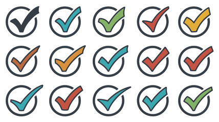 Collection of colorful hand drawn check marks in circles for approval and completion