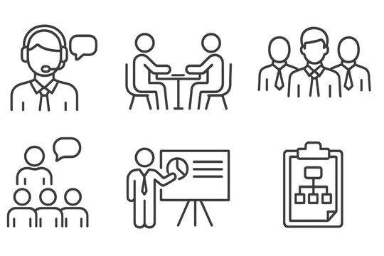 Business communication line icon set. Icons for support, meeting, partnership, team. Business people, audience, presentation, briefing, planning, and organization chart vector. - Powered by Adobe