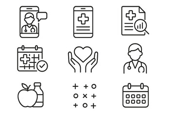 Digital healthcare line icon set. Telehealth, telemedicine, online doctor consultation, medical app. Health results, appointment schedule, wellness. Medicine vector symbols.