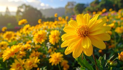 Fototapeta premium A close-up view of a bright yellow flower with a fuzzy center, surrounded by many others, in a sunlit garden. Green leaves and hills in the soft background