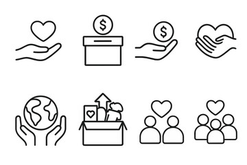 Charity and donation line icon set. Symbols for nonprofit organization, fundraising, community help, and volunteering. Vector icons for giving money, support, and love.