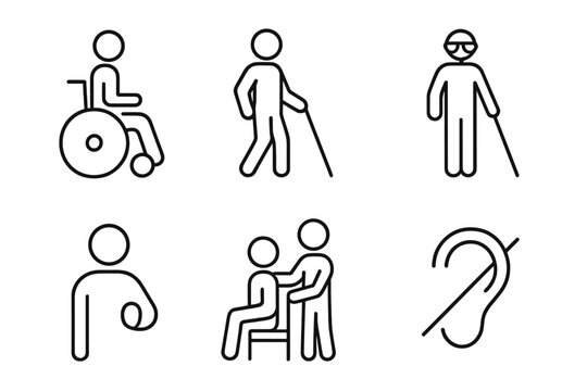 Disability and accessibility line icon set. Vector collection of pictograms. Wheelchair user, blind person, deaf symbol, amputee, physical therapy and assistance signs.