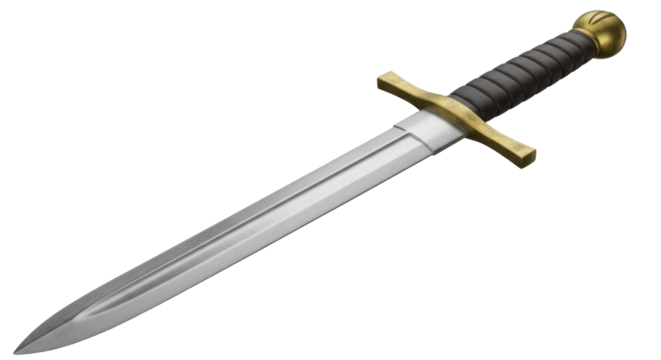 Medieval arming sword isolated on transparent background, single-handed weapon with straight blade and cruciform hilt for historical reenactment