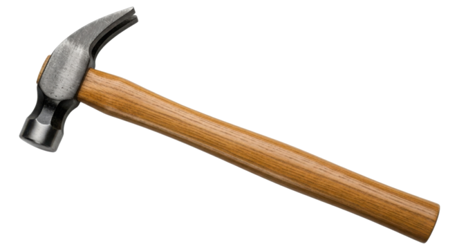 Metal claw hammer with wooden handle for carpentry work isolated PNG with Transparent Background