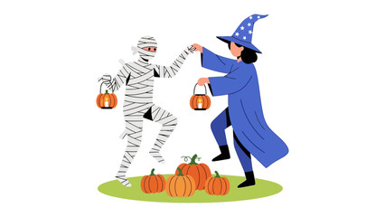 Halloween Dance: A mummy and a witch in playful Halloween costumes dance and celebrate the spooky season. A festive illustration featuring Halloween elements with pumpkins and lanterns.