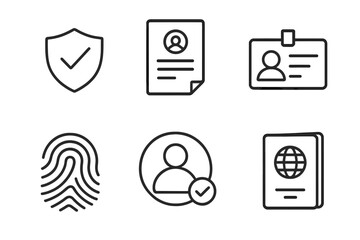 Identity verification and security web icons. Line style icon set includes passport, ID card, document, and fingerprint biometrics. User authentication and personal data concept.