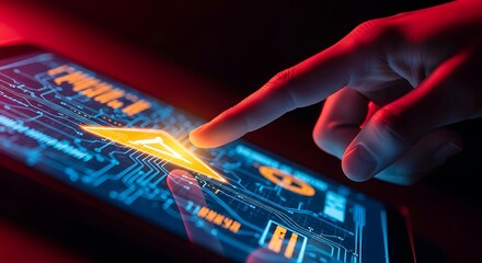 Closeup of a finger touching a futuristic digital interface with glowing circuits