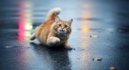 Playful ginger cat joyfully explores a wet city street, bathed in colorful reflections of rain-streaked lights.