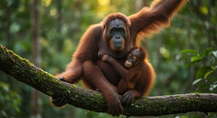 Orangutan illustration. Endangered great ape from tropical rainforest. Intelligent primate symbolizing wildlife conservation and nature. Perfect for education, zoo, and animal projects.