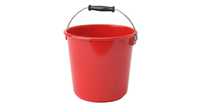 Red plastic bucket with metal handle isolated PNG with Transparent Background - Powered by Adobe