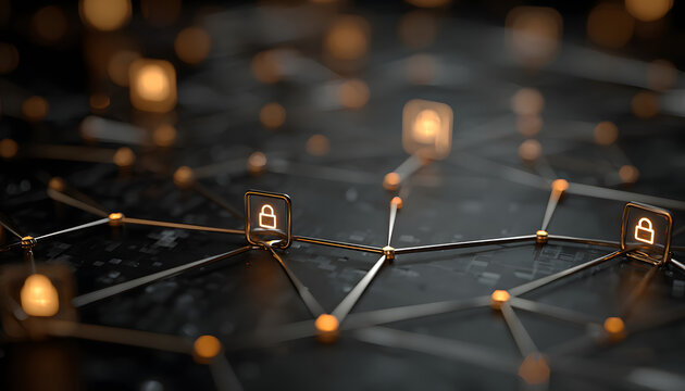 Digital network, email security concept, protecting mail communication. Digital network with glowing email and lock icons connected by lines. - Powered by Adobe