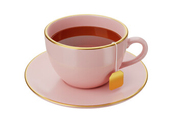 Pink teacup with tea isolated on transparent background, elegant porcelain cup with golden rim and tea bag for afternoon tea