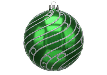 Green Christmas ball ornament with silver glitter stripes isolated, festive holiday decoration for tree hanging PNG
