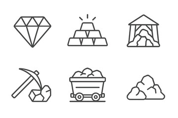 Mining icons set in line style with diamond, gold bars, mine entrance, pickaxe, ore cart, coal pile, mining equipment vector illustration for industry and resources