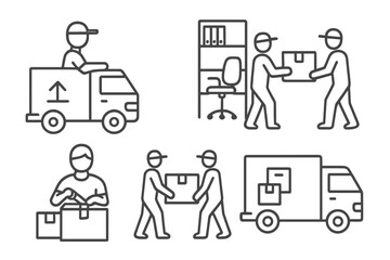 Moving service line icons set, courier delivery, office relocation, packing and loading workers, parcel handling, transportation vector illustration, transparent background