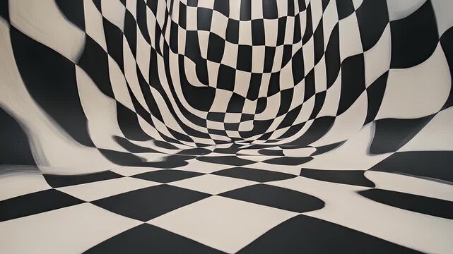 Distorted checkerboard pattern creates an optical illusion of a curved surface in black and white shades