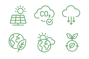 Net Zero icons line style green energy solar panel CO2 neutral climate change ecology environment gas emissions sustainability vector illustration set