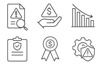 Risk management web icon set in line style, including risk analysis, risk investment, loss minimization, planning, cost reduction, financial safety, and security concepts, vector illustration