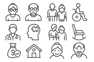 Elderly care icons line style set with seniors, grandparents, wheelchair, doctor, Alzheimer’s, caregiver support, retirement, pension, home care, and health symbols vector