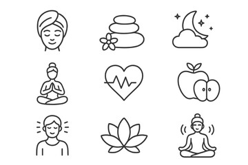 Wellness and relaxation icon set in line style including spa treatment, sleep, yoga meditation, healthy lifestyle, spiritual practice, heart health, and natural healing vector illustration