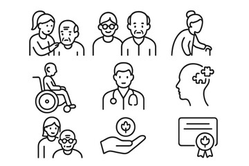Elderly care and support icons set in line style with editable stroke, including seniors, caregivers, wheelchair, doctor, Alzheimer’s symbol, pension, retirement, and health concepts vector collection