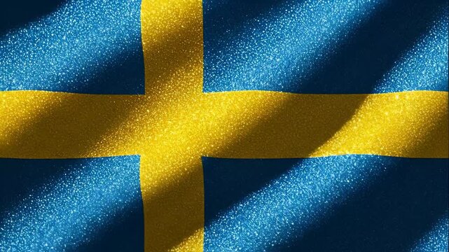 Glittering Swedish Flag Wallpaper - A close-up video showcases the flag of Sweden, with a shimmering, glitter-like effect. The yellow cross stands out vibrantly against the blue background. - Powered by Adobe