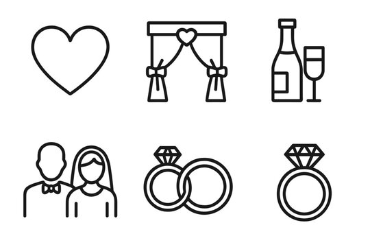 Wedding icons set in line style, love and marriage symbols including heart, wedding arch, champagne bottle, bride and groom, engagement rings, celebration vector illustration