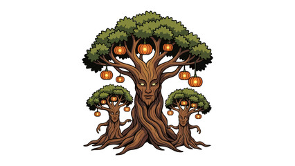 Mystical Grove: A vibrant illustration showcasing three whimsical trees, each personified with expressive faces and lush foliage, adorned with unique, glowing fruit.