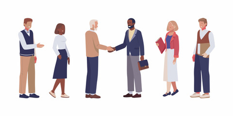 Diverse group of business professionals shaking hands and standing together in a line