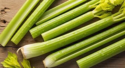 photograph reveals fresh, green celery stalks and leaves displayed on a rustic, weathered wooden surface, highlighting the vibrant color and textured details of the plant.